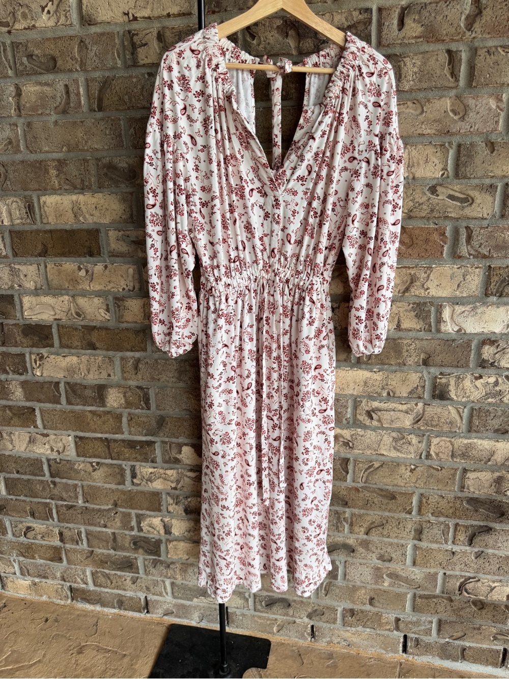 Xirena Salma Cinch Midi Dress S Cream Red Paisley Long Sleeve Rayon Boho - Picture 3 of 14